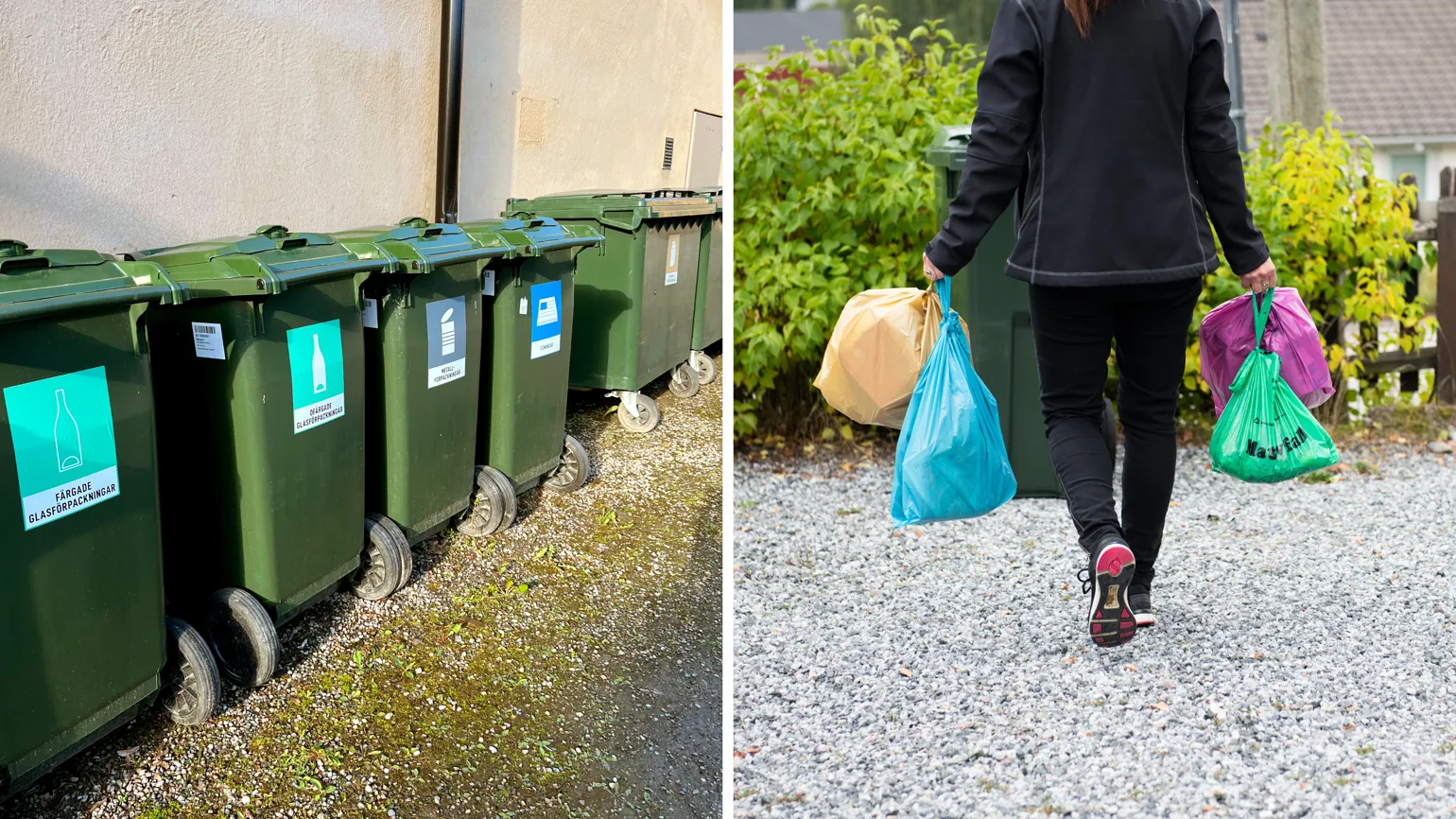 Bildkollage av gröna kärl för källsortering och person med färgade soppåsar på väg mot soptunna.