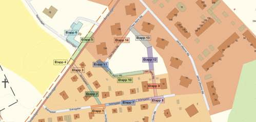 Karta med markerade etapper över grävarbetets sträckning.