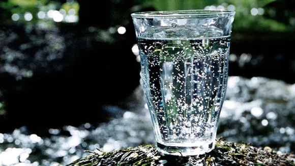 Ett glas vatten i naturmiljö.