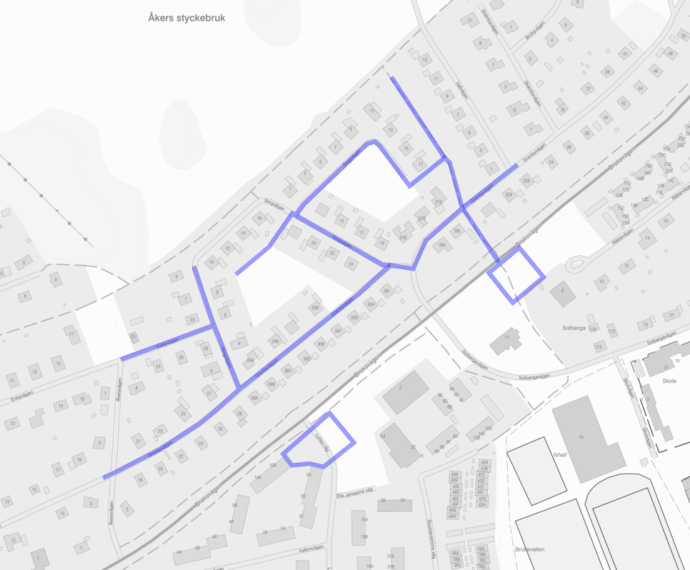 Karta över Åkers styckebruk som visar var ett VA-arbete ska utföras.