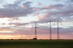 Elledningar över grönt fält och rosa himmel.