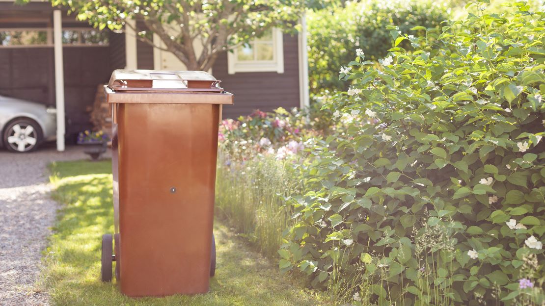 Ett brunt trädgårdskärl i en grönskande trädgård.