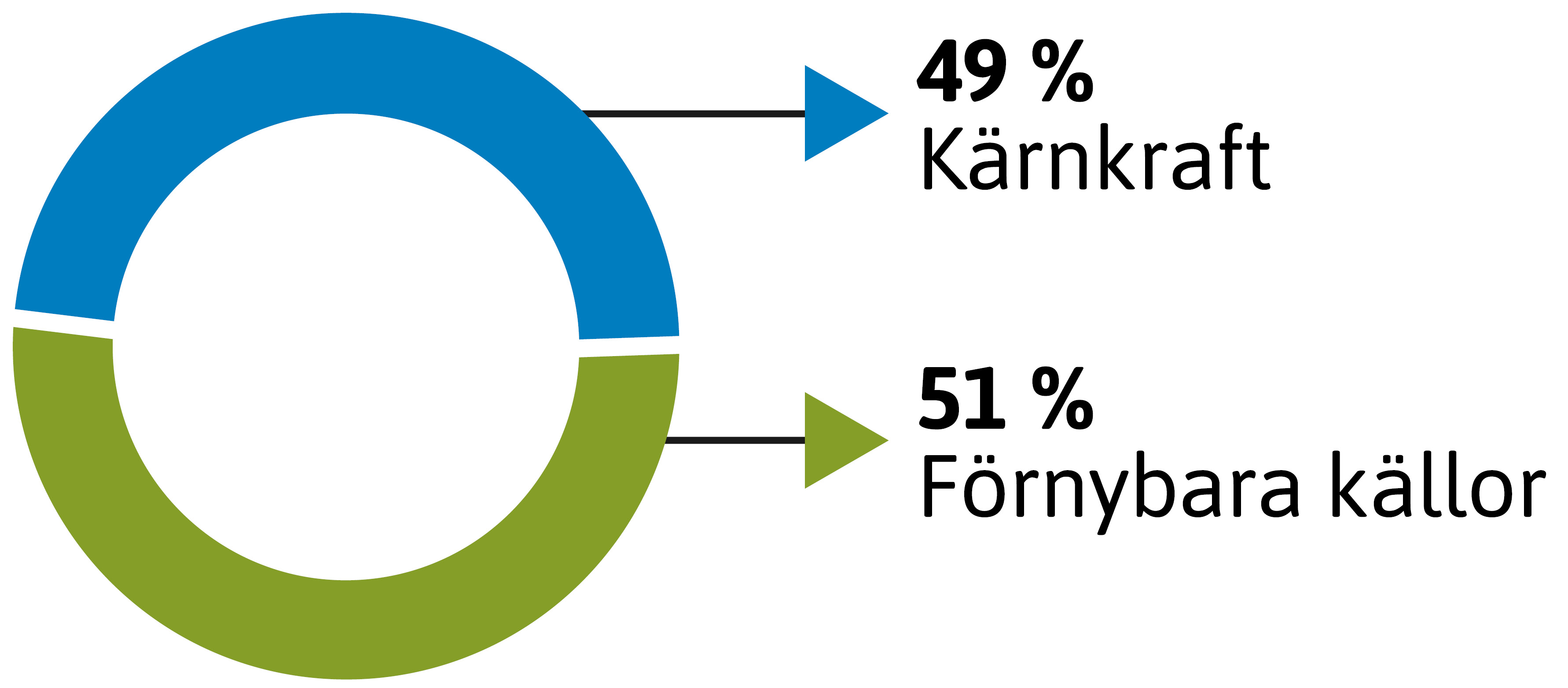 Cirkeldiagram som visar att 49 procent av elen kom från kärnkraft år 2024 och 51 procent från förnybara källor.