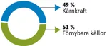 Cirkeldiagram som visar att 49 procent av elen kom från kärnkraft år 2024 och 51 procent från förnybara källor.