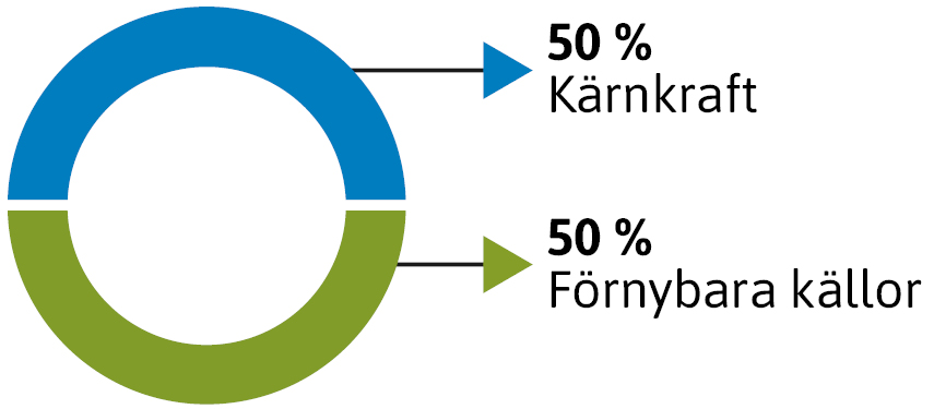 Cirkeldiagram som visar att 50 procent av elen kom från kärnkraft år 2025 och 50 procent från förnybara källor.