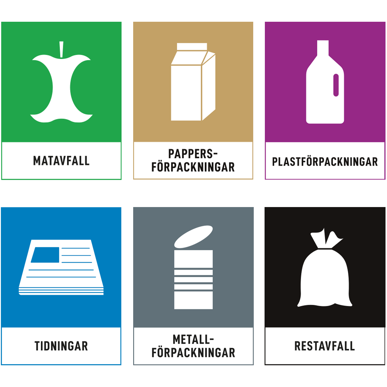 Ikoner för Nordiska systemet för sortering för avfallstyperna: matavfall, pappersförpackning, plastförpackningar, tidningar, metallförpackningar och restavfall