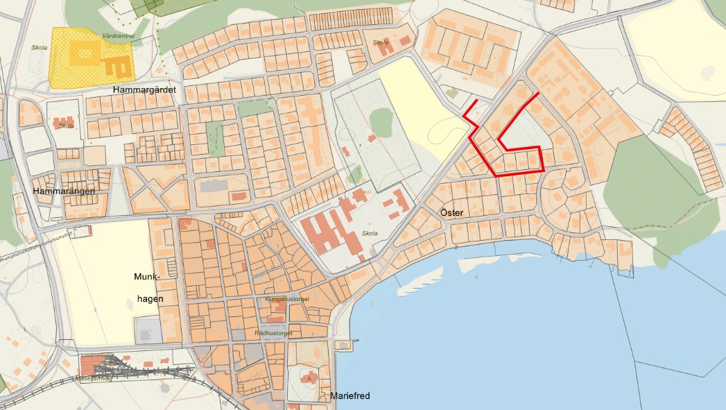 Röd markering på kartbild som visar arbetsområdet