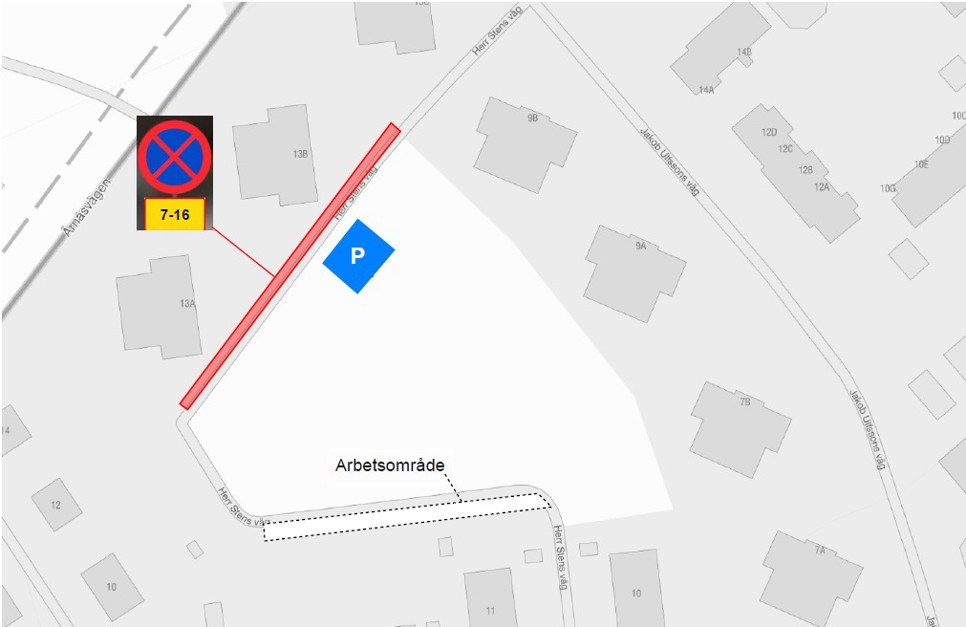 Karta över parkeringsförbud och tillfällig parkerring Herr Stens väg.