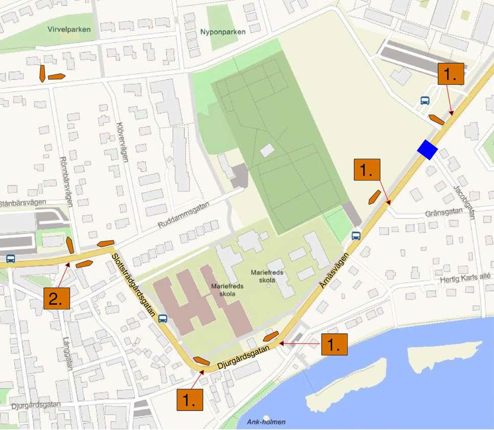 Karta över avstängning och trafikomledning på Ärnäsvägen.