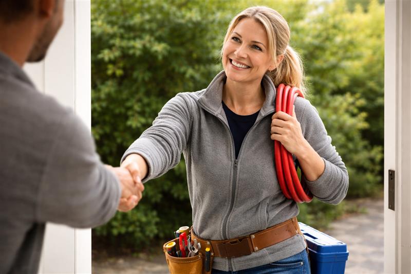 Kvinnlig rörmokare som hälsar på kund.