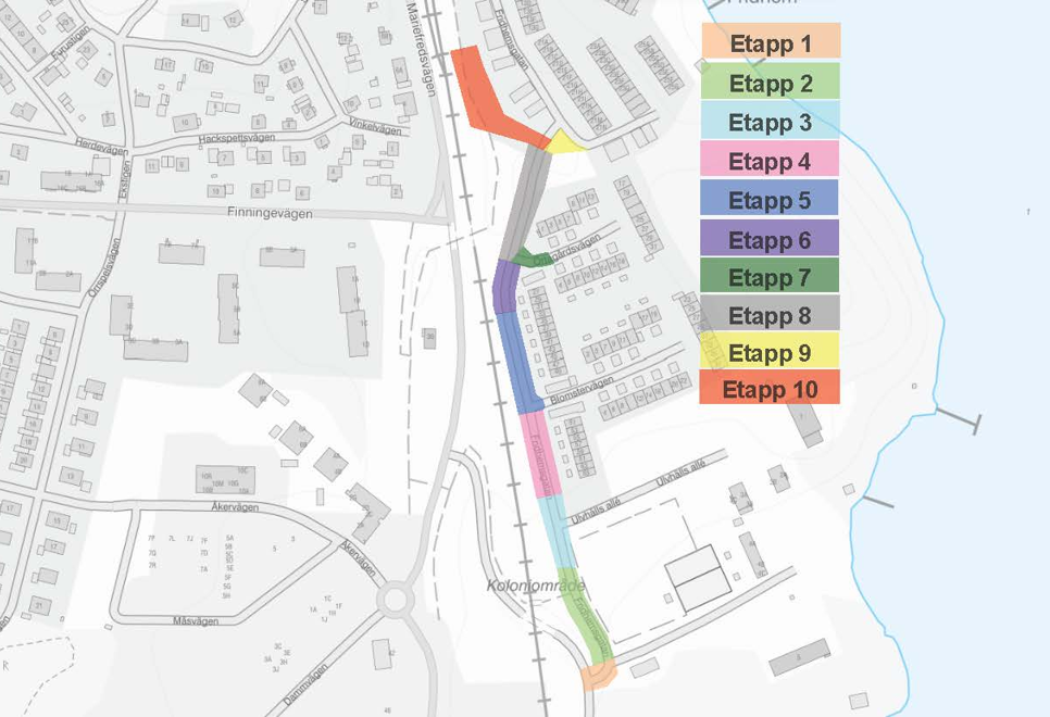 Karta över grävarbetets etapper på Fridhemsgatan.