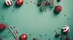Julkulor, granris och polkagriskäppar som ligger på en grön bakgrund