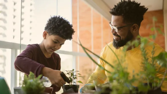 Far och son planterar växter på inglasad balkong.