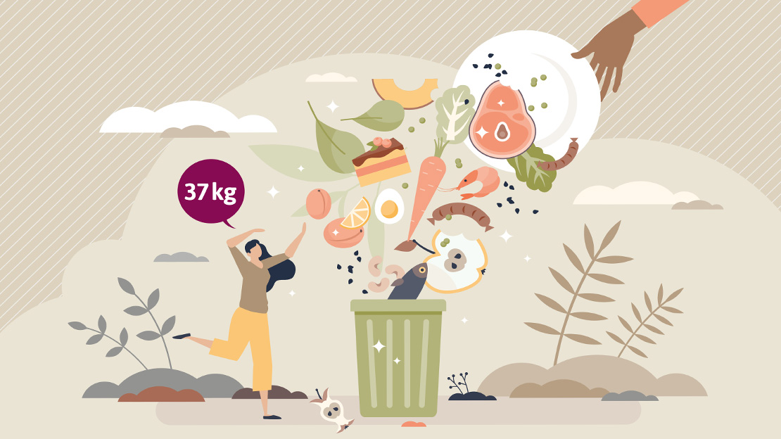 Bild på mat som kastas i soptunna som illustrerar det årliga matsvinnet i Sverige per person, totalt 37 kg.