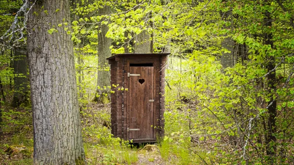 Ett utedass i grönskande skog.